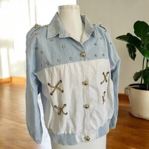 Vintage 80s Studded Bomber Jacket Gold Embellished Grandmacore Nautical Womens L